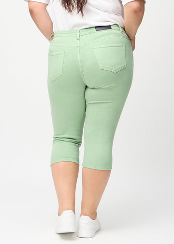 Skinny capris for women in pastel green fabric, color Mints. Back view on a plus-size model, showing the fit and back pockets.