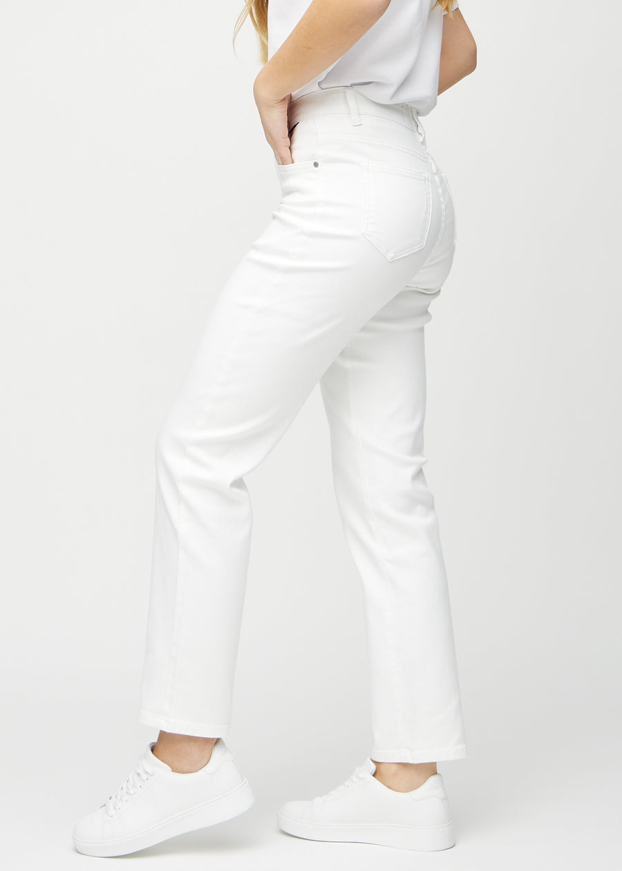 Regular jeans for women in white, color Marguerites. Side view on a model.