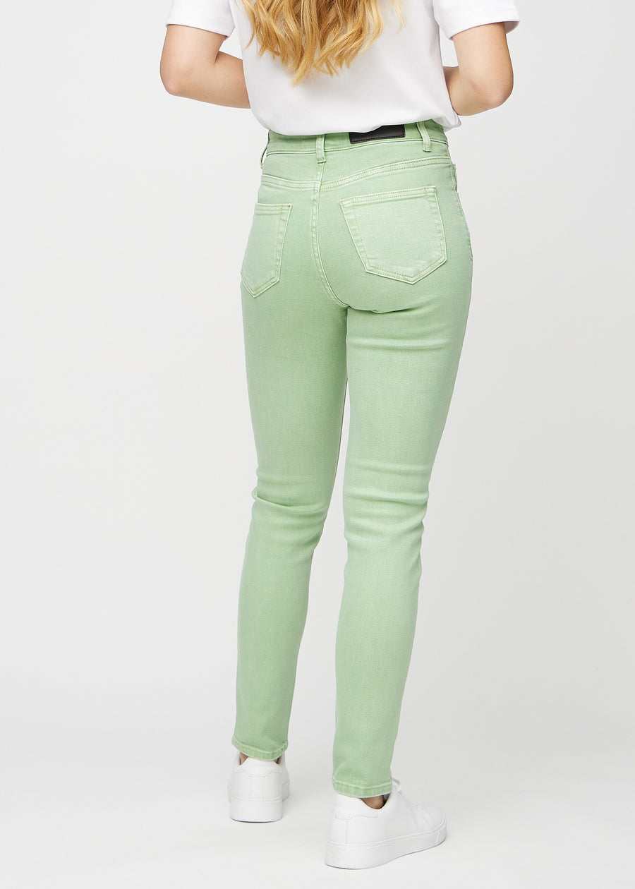 Light green slim jeans seen from the back, so the entire product can be seen.