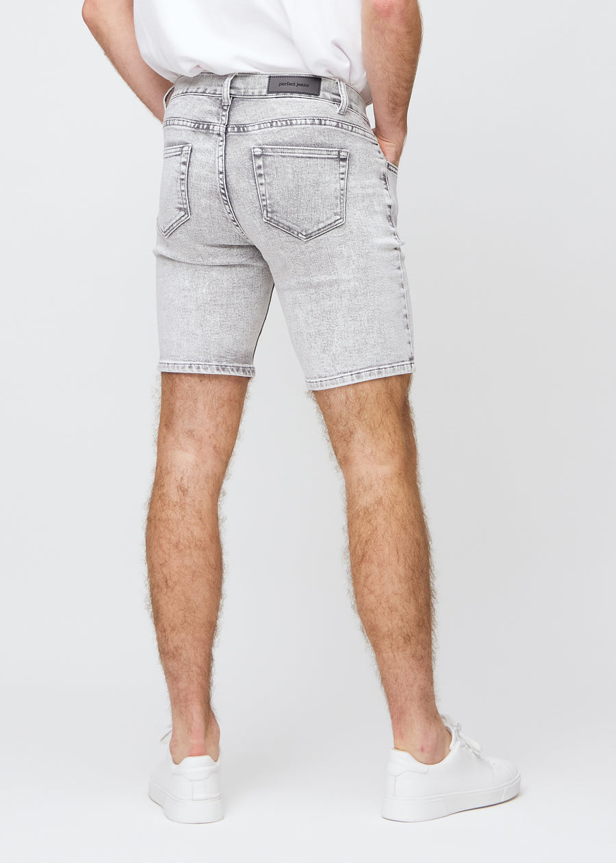 Light grey denim middle-slim shorts seen from the back, so the entire product can be seen.